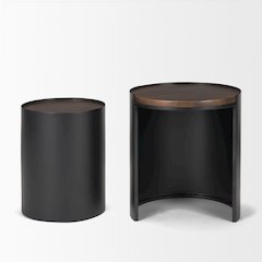 Matte Black Metal Dark Brown Wood Top Nesting Accent Tables