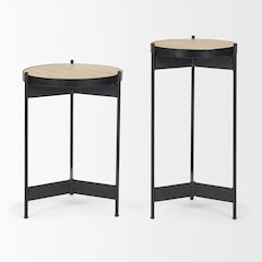 Wade Travertine Marble Matte Black Metal End Tables