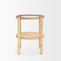 Weslyn Solid Light Brown Wood and Glass Top Cane Side Table