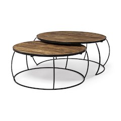 Set Of 2 Round Brown Wood Top Black Iron Base Nesting Coffee Tables