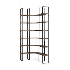 37L X 10.5W X 90H Curved Dark Brown Wood And Black Iron Six Shelving Unit