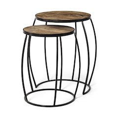 (Set Of 2) Brown Round Wood Top Black Iron Frame Nesting Accent Tables