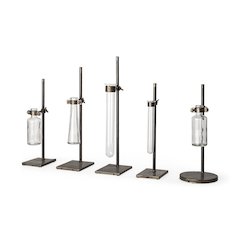Jarvis Set of Five Dark Brown Metal and Glass Chemistry Inspired Bottles