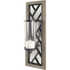 Benj24"H Brown Wood Frame Black Metal Accent Mirrored Wall Candle Holder
