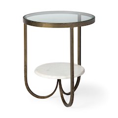 Reinhardt 20" Round Glass Top Metal and Marble Detail End/Side Table