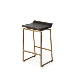24.25" Seat Height Brown Wood Seat Gold Metal Frame Stool