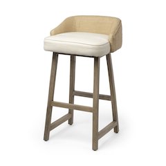 30.5" Seat Height Cream/Beige Fabric Seat Brown Wood Frame Bar Stool