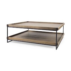 Rectangular Brown Solid Wood Top Table Black Metal Frame Two-Tier Coffee Table