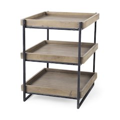 Square Medium Brown Wooden Three-Tiered Black Iron Frame End/Side Table