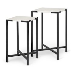 (Set Of 2) 15L X 15W; 12L X 12W White Marbleblack Iron Frame Accent Tables