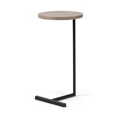 Brown Wood Round Top Black Metal Base Accent Table