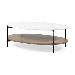 48" Oval White Marble Top And Solid Wood Shelf Black Metal Frame Coffee Table