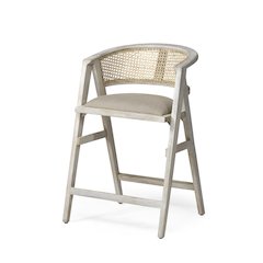 26.75" Seat Height Beige Fabric/Rattan Seat Blonde Wood Frame Counter Stool