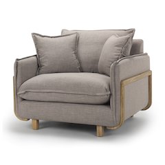 Roy Flint Gray Upholstered and Brown Wood Frame Arm Chair
