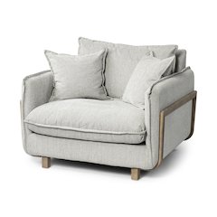 Roy Frost Gray Upholstered and Brown Wood Frame Arm Chair