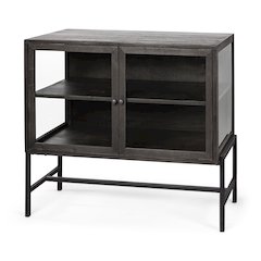 36L X 18W Black-Brown Wood, Black Metal Base 2 Glass Doors Accent Cabinet