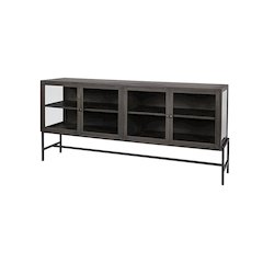 Arelius 70x18 Black-Brown Wood, Black Metal Base 4 Glass Cabinet Doors Sideboard