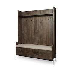 Glenn V 56L x 17W Dark Brown Wood Cream Fabric Seat, 3 Drawers Hall Tree