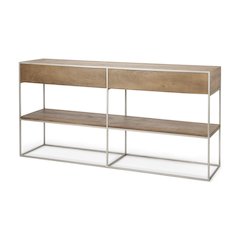 Brown Wood Silver Metal Frame 2 Drawer Console Table