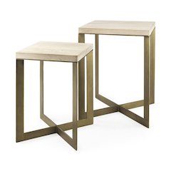 (Set Of 2) 19L X 19W X 26H Beige Finished Wood Gold Metal Base Accent Tables