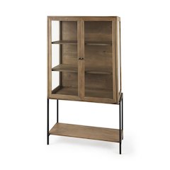 36L X 18W X 63H Light Brown Wood Black Metal Base Display Cabinet
