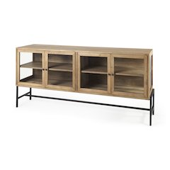 Light Brown Wood, Black Metal Base 4 Glass Cabinet Doors Sideboard