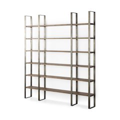 Medium Brown Wood Antique Nickel Metal Frame 6 Tier Shelving Unit