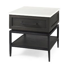Black-Brown Wood White Marble Top And Black Metal Base 1 Drawer Side Table