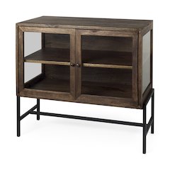 36L X 18W X 32H Medium Brown Wood, Black Metal Base 2 Glass Doors Accent Cabinet