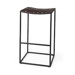 18.0L X 16.0W X 30.25H Dark Brown Woven Leather Seat Black Metal Frame Bar Stool