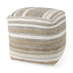 Aahana 16.0L x 16.0W x 16.0H White/Taupe/Gray Striped Hemp and Cotton Pouf