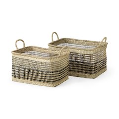 Set Of 2 Light Brown Seagrass Rectangular Basket With Handles