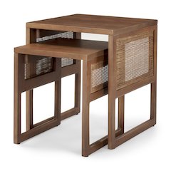 Set Of 2 Medium Brown Solid Wood Cane Nesting Accent Tables