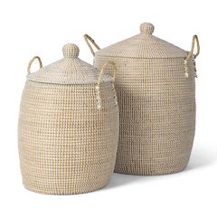 Set Of 2 Seagrass Floor Baskets Lids And Handles