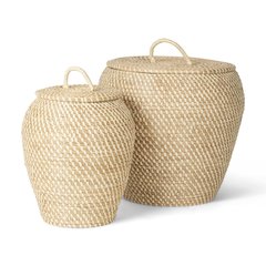 Set Of 2 Seagrass Floor Baskets Flat Handled Lid