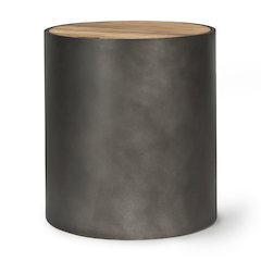 Eclipse Gunmetal Gray Drum Base Brown Wood Top End/Side Table