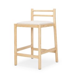 Counter Stool Light Brown Wood Frame And Beige Upholstered Seat