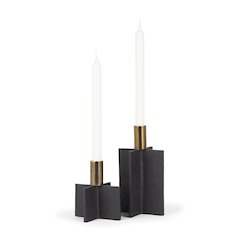 Pia Matte Black Brushed Gold Metal Taper Candleholder (Set of 2)