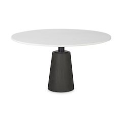 Maxwell Round White Marble Top Black Metal and Wood Pedestal Base Dining Table