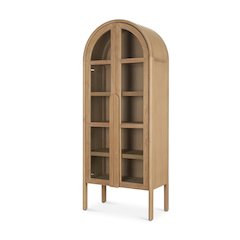 Light Brown Elm Wood Glass Doors Arched Curio Cabinet