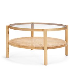 Solid Light Brown Wood And Glass Top Cane Coffee Table