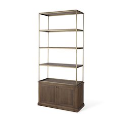 Dark Brown Wood Antiqued Aged Brass Metal 3 Tiers 2 Door Shelving Unit