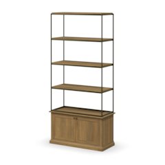 Light Brown Wood Dark Aged Brass Metal Three Shelf Shelving Unit