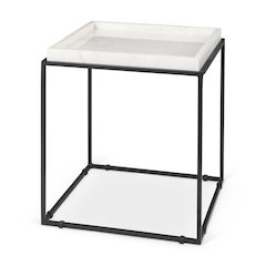 Nathan II 18" x 20" Square Top White Marble and Black Metal End/Side Table