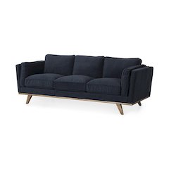 Navy Blue Fabric Three Seater Sofa W/ Medium Brown Wooden Legs