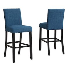 Biony Blue Fabric Bar Stools with Nailhead Trim, Set of 2