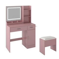 Makeup Vanity Set, Vanity Desk, Stool, LED Light Mirror, Pink