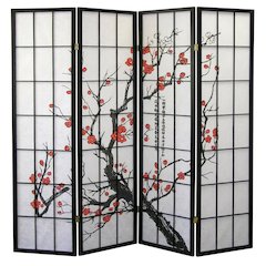 Black Japanese 4-Panel Room Divider with Plum Blossom Design