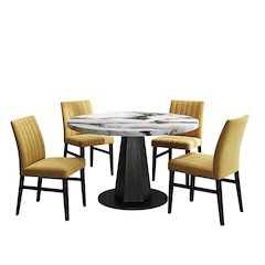 5-Piece Dining Set, Off-White Faux Marble Dining Table with Four Chairs, Yellow