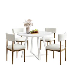 Edo 5-Piece Dining Set, Round Trestle Table and 4 Chairs, White and Natural